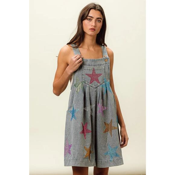 BiBi Star Pattern Rhinestone Washed Side Pockets Wide Leg Shortalls | Lt Denim - Picture 6 of 12